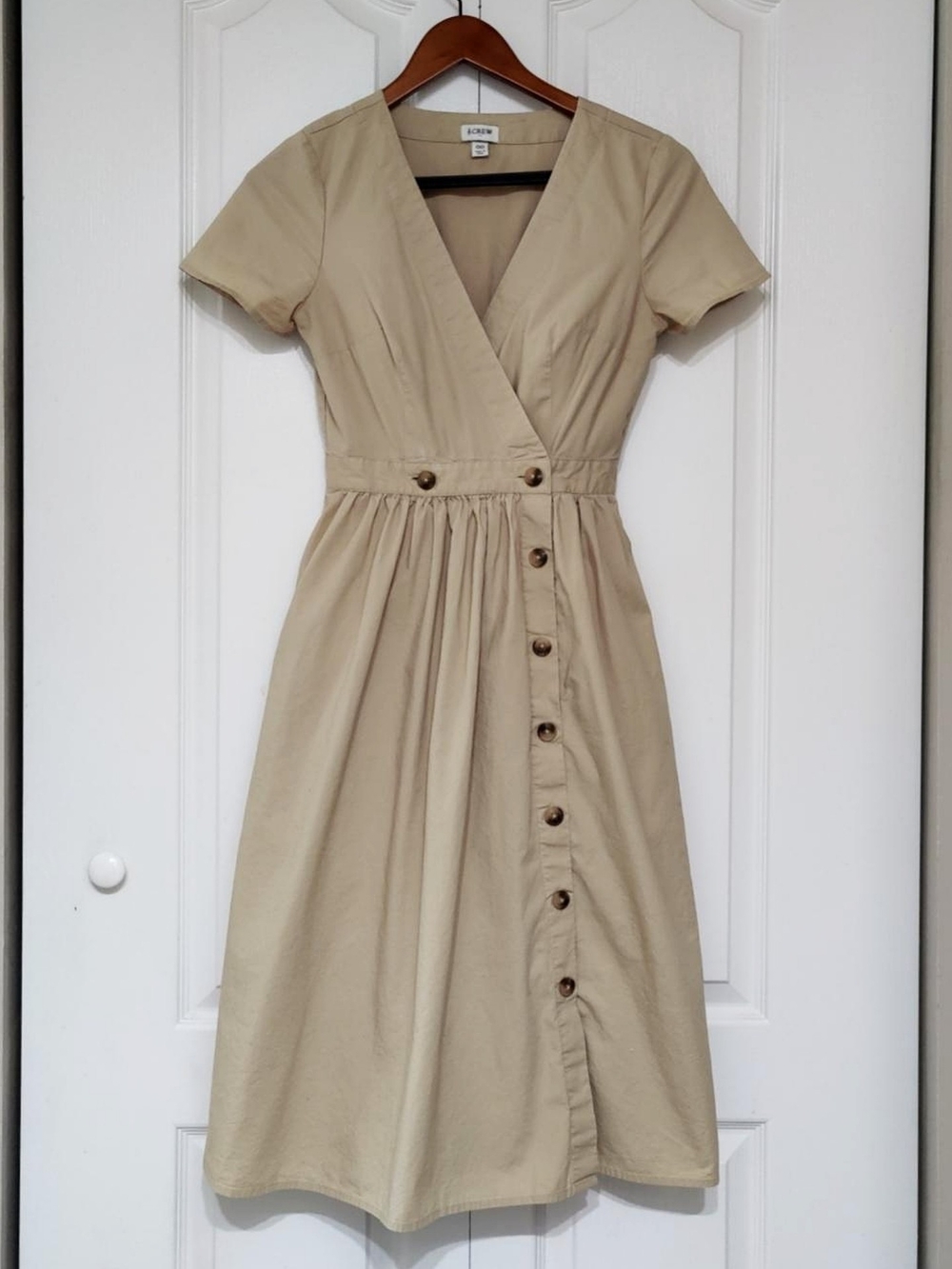 J.Crew Button Front Midi Dress Pockets Side Wrap V-Neck Cotton Khaki Tan Safari